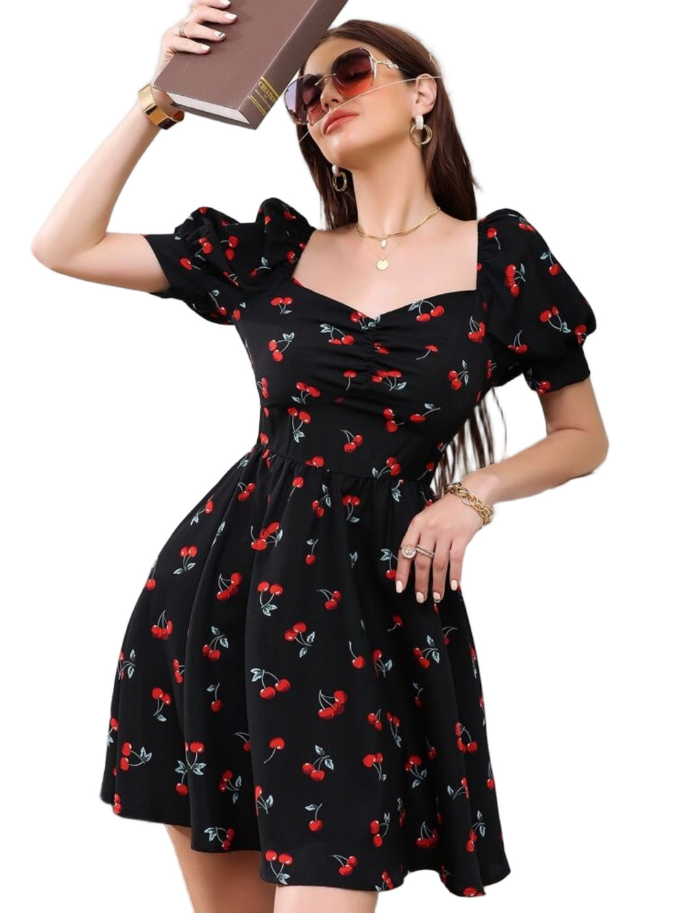Black Mini Dress With Cherry Print